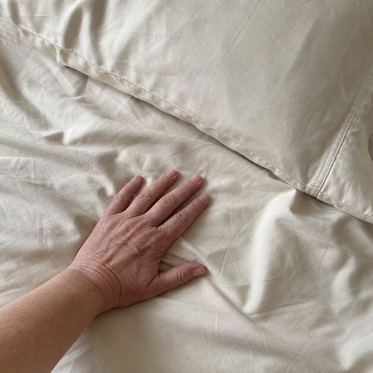 Customer hand resting on Natural bamboo sheets