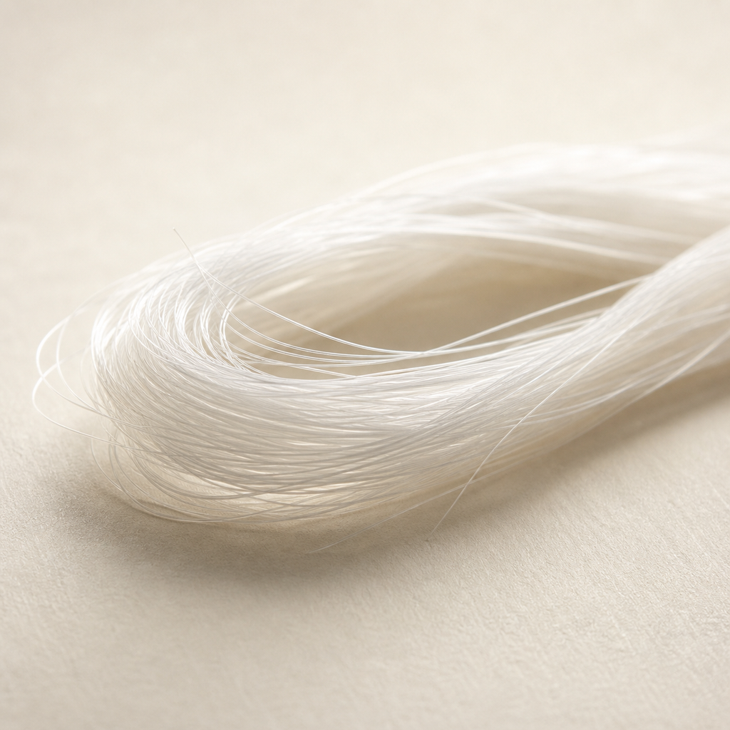 Macro photograph of fine translucent spandex fibres used for stretch and recovery