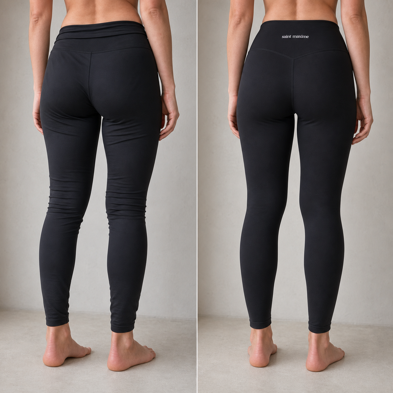 Side-by-side comparison of typical polyester leggings and Saint Maxime bamboo-blend leggings